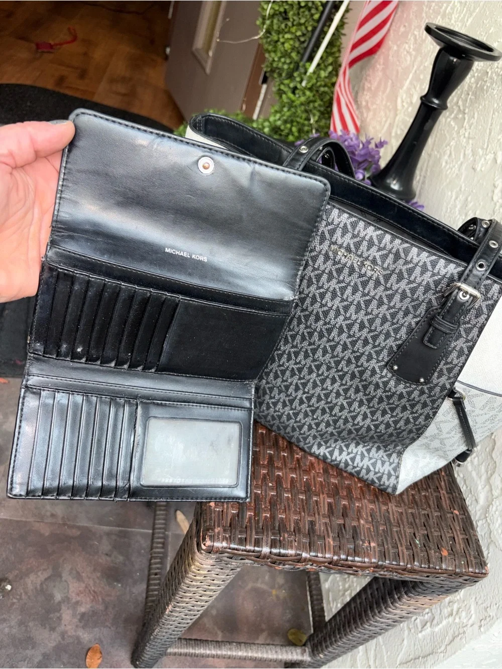 Michael Kors Black and metallic silver MK Logo Tote with matching wallet set